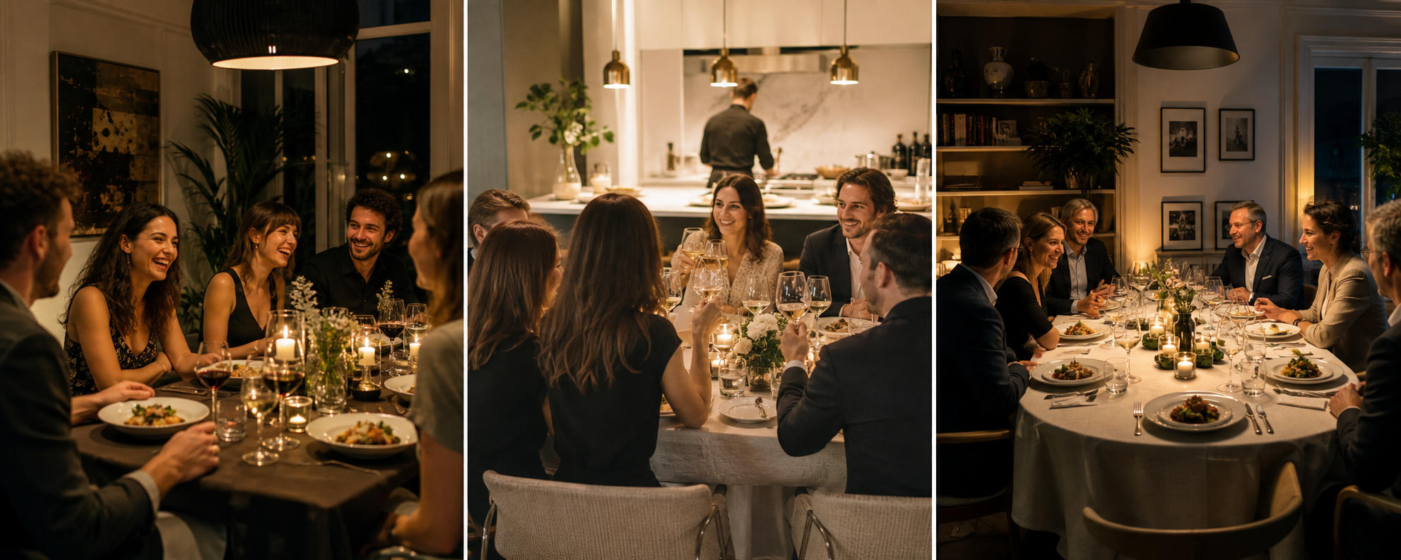 Convives réunis autour d'une table chaleureuse à domicile